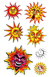 A sheet of cartoon-style sun illustrations with expressive faces, including red, yellow, orange, pink, and black variations on a white background.