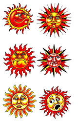 Six cartoon sun faces with different expressions, arranged in a 3-by-2 grid on a plain white background. The suns use red, yellow, orange, and black, with some featuring small blue eyes.