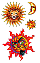 Three colorful sun and moon illustrations on a plain white background: a large lion-faced sun at top left, a crescent moon face at top right, and a smaller smiling sun at right, plus a large fiery circular sun with red jagged rays and a grinning face at bottom.