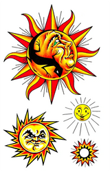 A set of four retro-style sun and starburst temporary tattoos or stickers on a plain white background, featuring various cartoon sun faces in yellow, orange, and red.