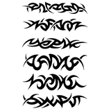 Six black tribal-style graphic designs arranged vertically on a plain white background.