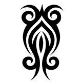 A black tribal-style graphic design featuring symmetrical curved lines and ornamental flourishes on a plain white background.