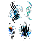 Four abstract wave and tribal-style tattoo or graphic designs arranged on a plain white background. The designs use black, blue, and white as the main colors, with one smaller motif including a red and yellow accent.