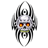 A stylized black tribal tattoo design featuring a detailed gray skull with glowing orange eyes and yellow teeth, centered on a plain white background.